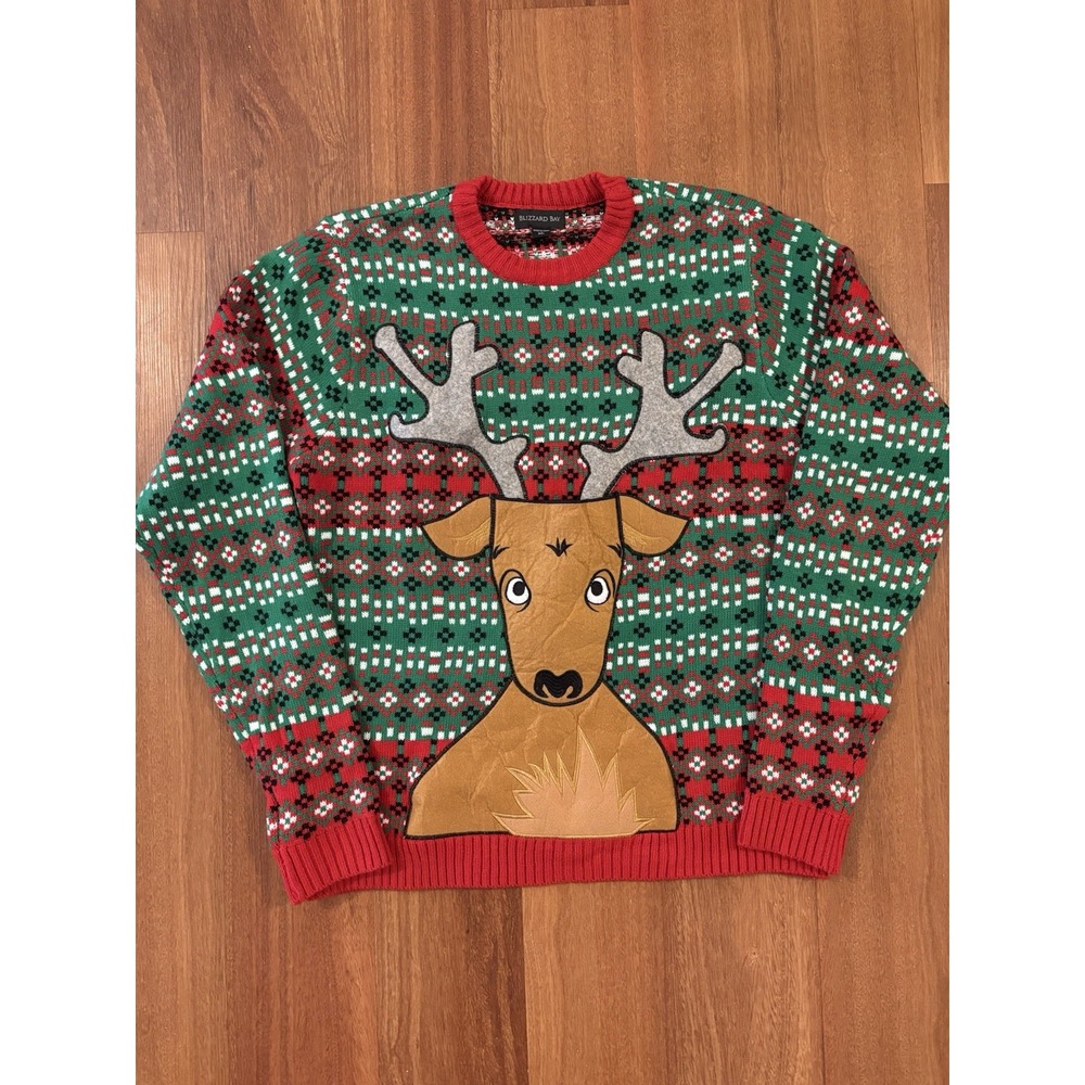 Blizzard Bay Ugly Christmas Sweater XL Reindeer 3D Applique Red Green NWT
